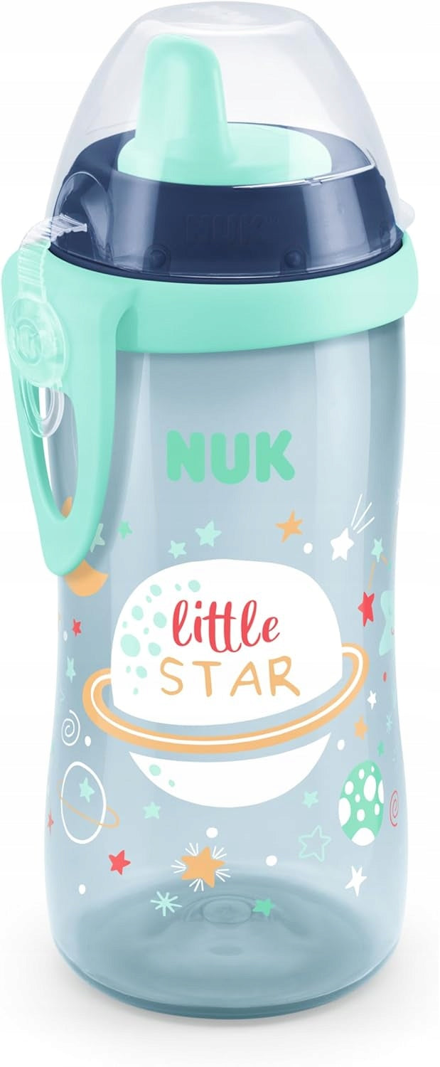 Przezroczysta butelka z miętowym ustnikiem, osłonką oraz nadrukiem gwiazdek i napisem little STAR.