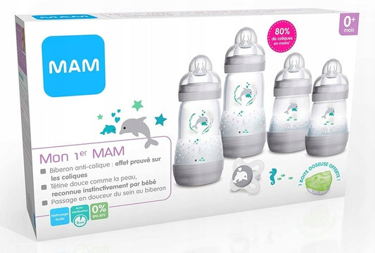 MAM Easy Start zestaw startowy 6elementów – zestaw 4 butelek Anti-Colic, smoczek uspokajający i pojemnik na mleko