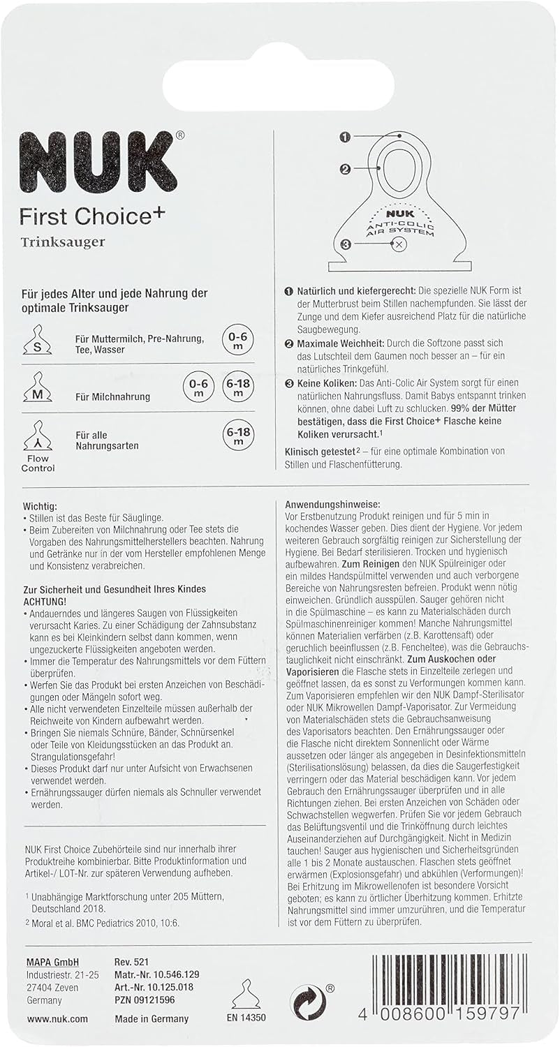 NUK First Choice – tył opakowania smoczków
