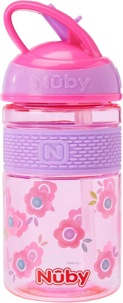 NUBY Hard Straw Cup tritanowy bidon ze słomką 3 l+ 360 ml KWIATY