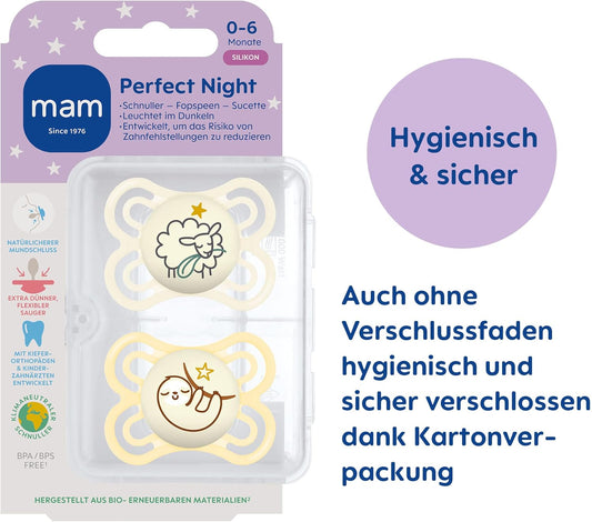 MAM PERFECT NIGHT smoczek uspokajający x2 0-6m + box
