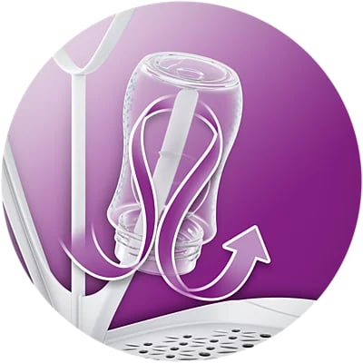 Grafika poglądowa suszarki Philips Avent z odwróconą butelką i strzałkami przepływu powietrza.