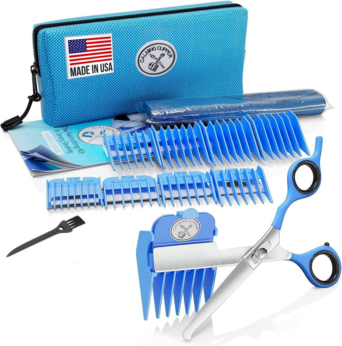 CALMING CLIPPER forbici per capelli + 9 pettini guida e grembiule "O"