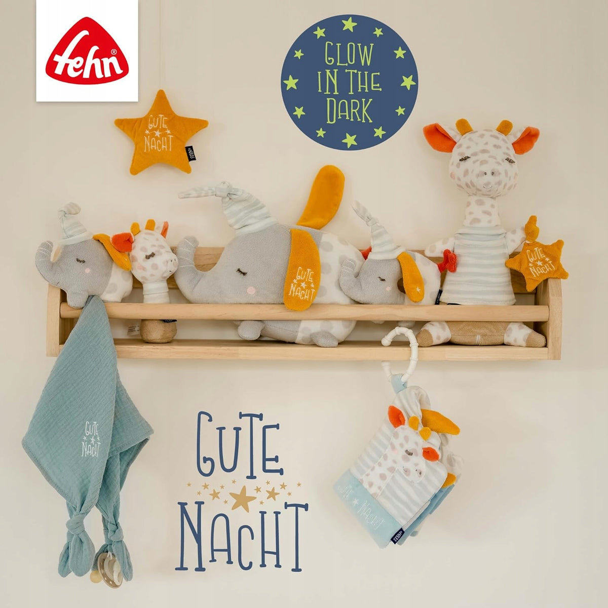 FEHN lampka nocna przytulanka żyrafa 27cm GUTE NACHT, świecąca maskotka do pokoju dziecięcego