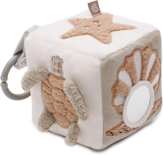 JOLLEIN Activity Cube плюшена висяща кубче с дрънкалка и огледалце 11x11 cm