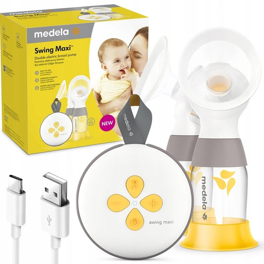 MEDELA Swing Maxi podwójny laktator 2-fazowy U, elektryczny laktator Medela biało-żółty z akcesoriami