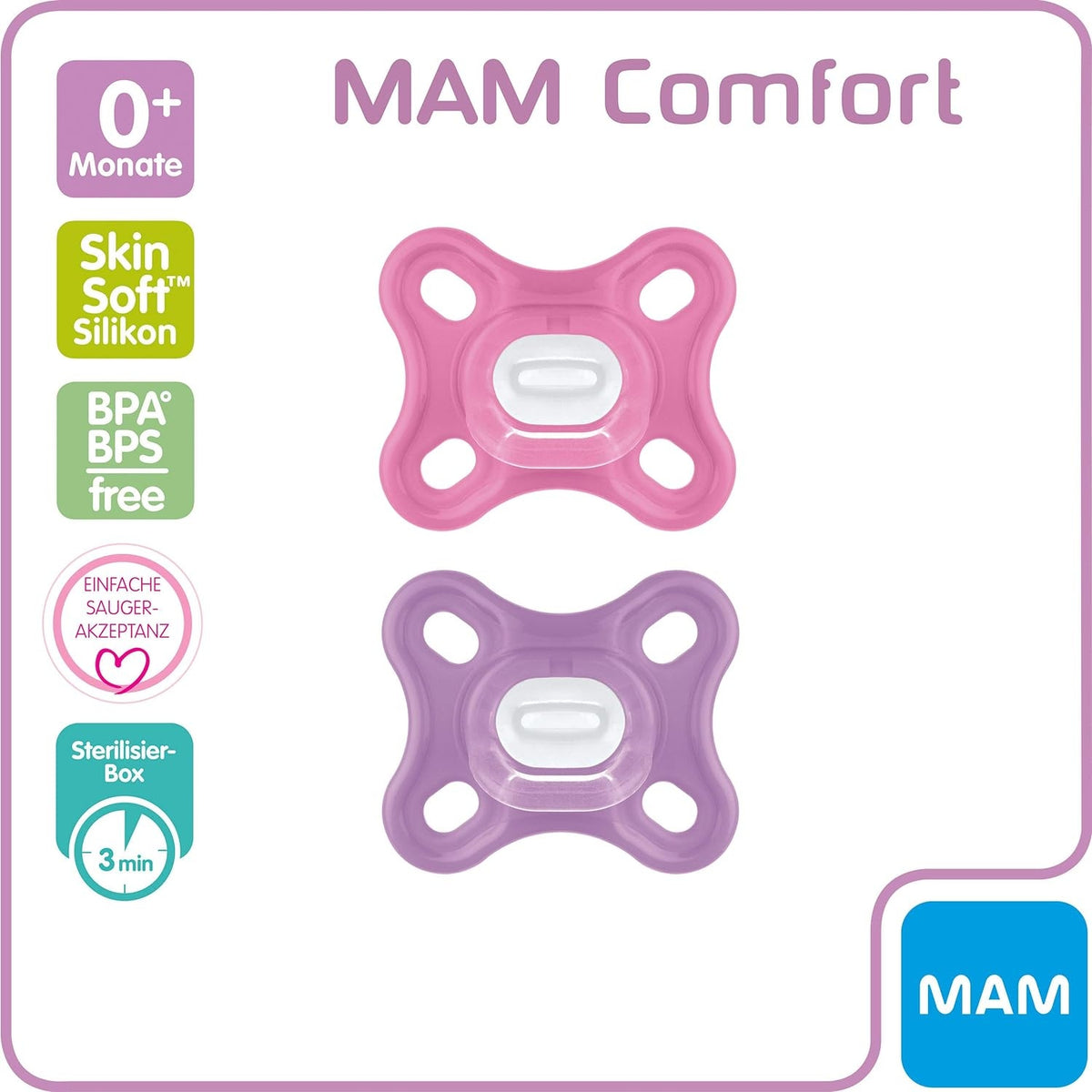 MAM COMFORT smoczek wcześniak noworodek x2 0msc+ różowy i fioletowy silikonowy BPA/BPS free