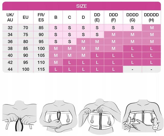 MEDELA gorset do laktatora EASY EXPRESSION S - tabela rozmiarów i instrukcja zakładania
