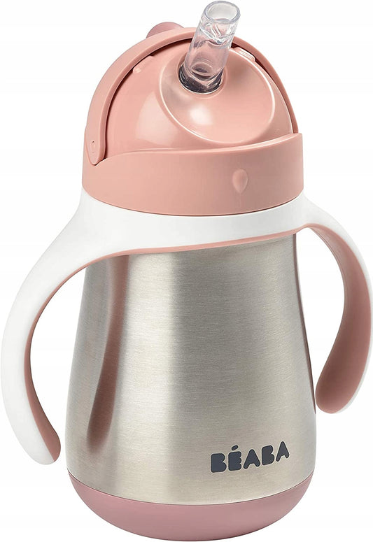 BEABA kubek niekapek ze słomką STALOWY 250 ml, różowy, stal nierdzewna, 8 m+