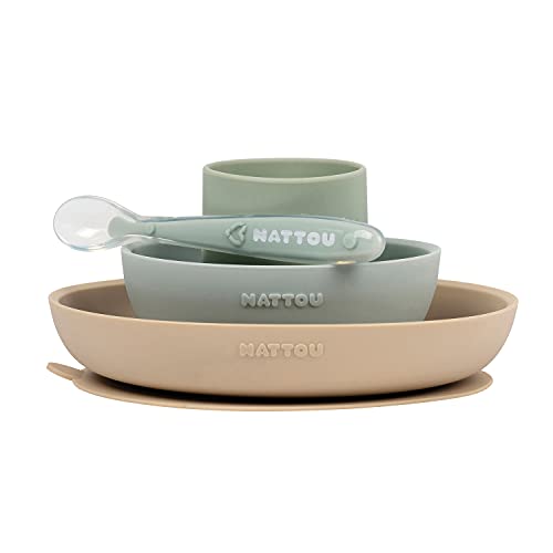 Nattou Mix and Match – zestaw naczyń w kolorze piaskowym i zielonym