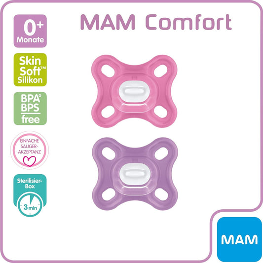 MAM COMFORT smoczek wcześniak noworodek x2 0msc+ różowy i fioletowy silikon BPA/BPS free