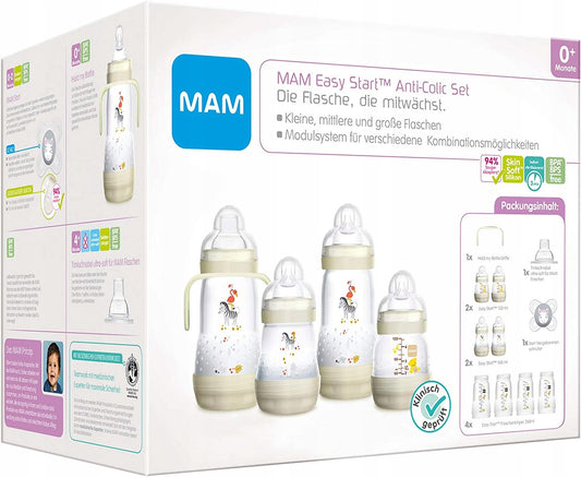 MAM zestaw startowy Easy Start Anti-Colic XXL 11el. butelki antykolkowe 0+ beżowe, BPA/BPS free