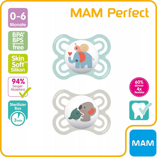 MAM Perfect smoczek uspokajający x2 0-6msc+ box, silikonowy, BPA i BPS free, ortodontyczny