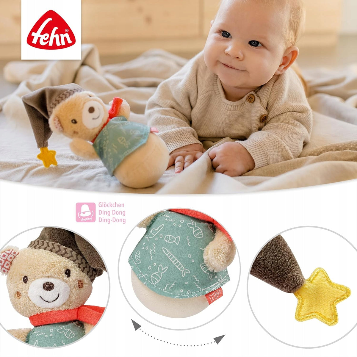 FEHN Miś Bruno wańka WSTAŃKA 14cm grzechotka dla niemowląt, kolorowa zabawka z dzwoneczkiem