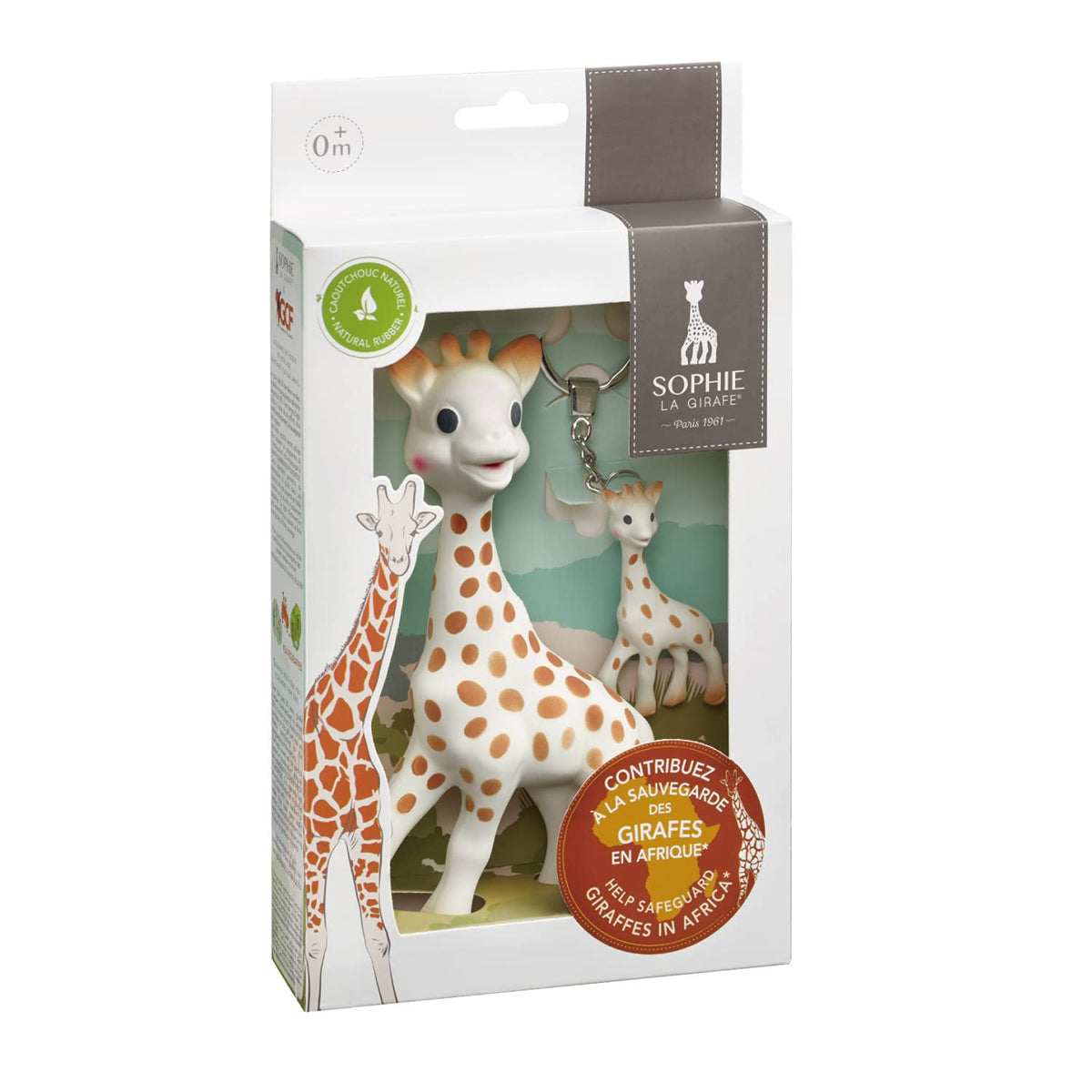 Zestaw Sophie la girafe GCF w opakowaniu z kauczukową żyrafą i brelokiem w kształcie żyrafy.