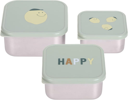 Trzy pojemniki z jasnymi pokrywkami, na których widać uśmiechnięte buźki i napis HAPPY.