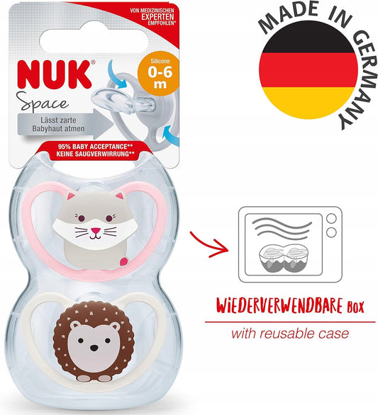 NUK Space smoczek uspokajający silikon x4 0-6msc +box, zestaw 2 smoczków i pudełko do sterylizacji