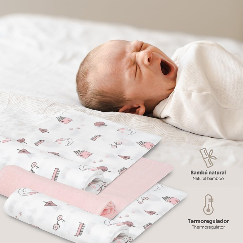 INTERBABY teli avvolgenti mussola x3 bambù cotone 55x70cm