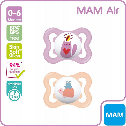 MAM AIR smoczek uspokajający x2 0-6m, delikatny silikonowy zestaw BPA i BPS free dla niemowląt