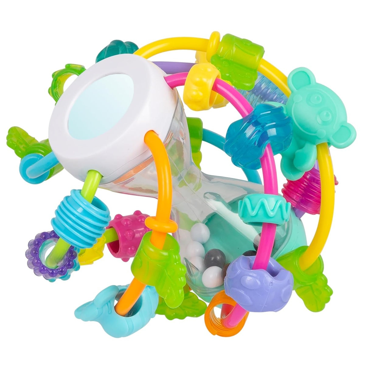 PLAYGRO Play and Learn Ball gryzak chwytak z grzechotką i lusterkiem 14 cm, kolorowa zabawka sensoryczna dla niemowląt