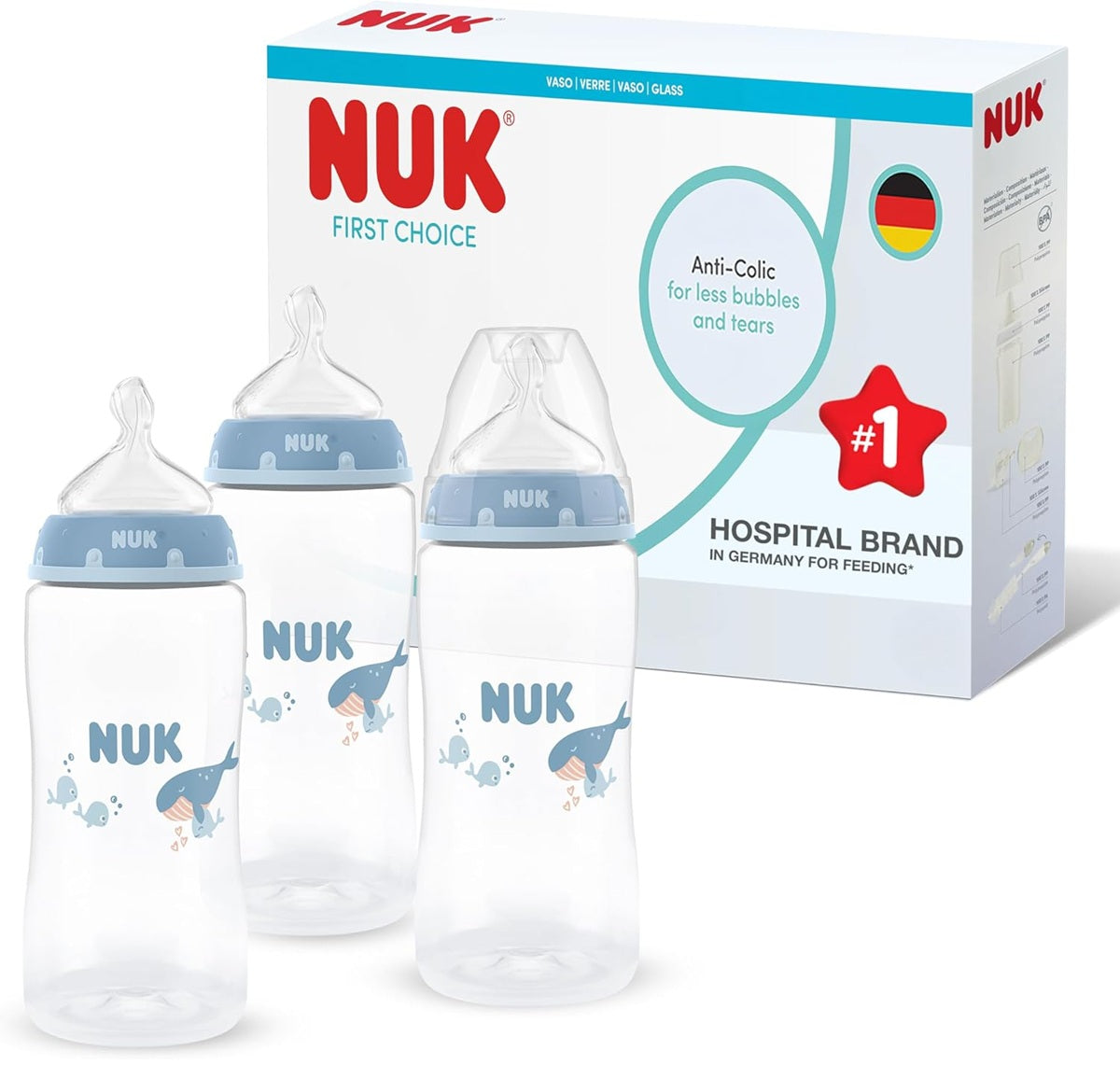 NUK First Choice zestaw 3x butelka 300 ml smoczek M 3 m+ WIELORYB, butelki antykolkowe