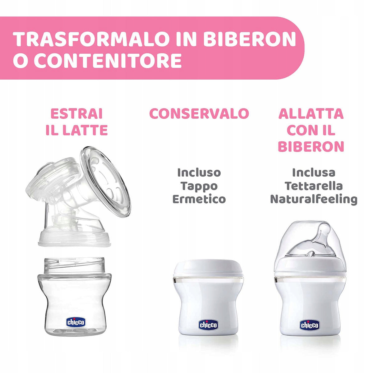 CHICCOtwo-phase electric breast pumpcolour pink and whitemains or battery powered (4x AA - not included)BPA