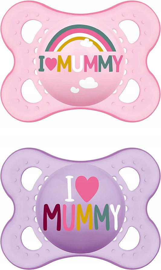 MAM ORIGINAL smoczek uspokajający x2 0-6m +box, różowy i fioletowy smoczek silikonowy z napisem I love MUMMY