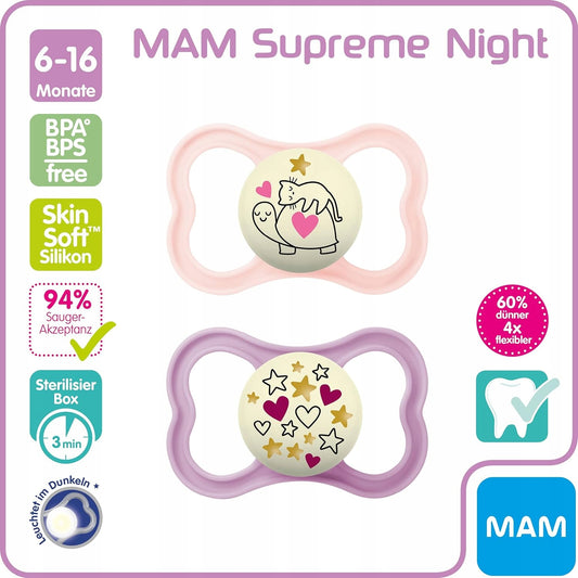 MAM SUPREME NIGHT smoczek silikonowy 6-16msc świecący w ciemności, BPA/BPS free, Skin Soft
