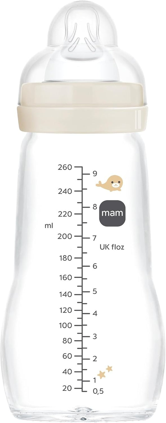 MAM Feel Good beżowa butelka 260 ml ze skalą po drugiej stronie