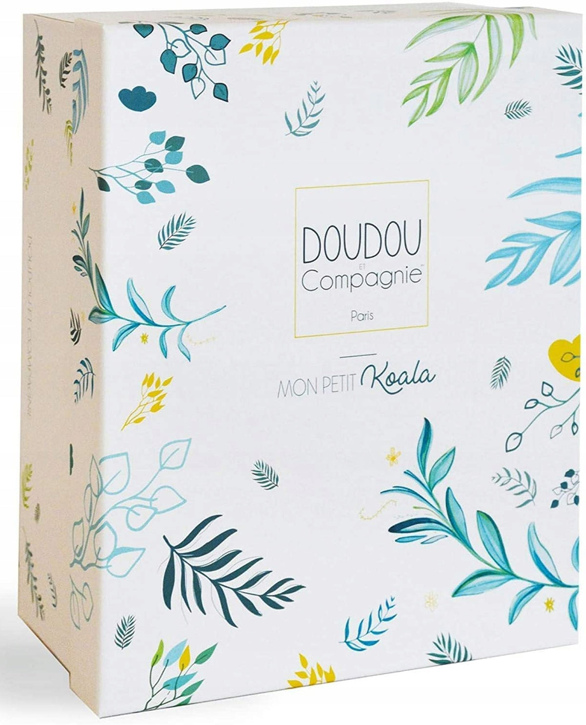 DOUDOU et COMPAGNIE koala z pozytywką 20 cm w ozdobnym pudełku, biało-turkusowa przytulanka dla niemowląt