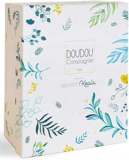 DOUDOU et COMPAGNIE koala z pozytywką 20 cm w ozdobnym pudełku, biało-turkusowa przytulanka dla niemowląt