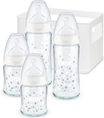 NUK First Choice+ set 0-6 m bouteilles en verre 2x 120 ml et 2x 240 ml + panier
