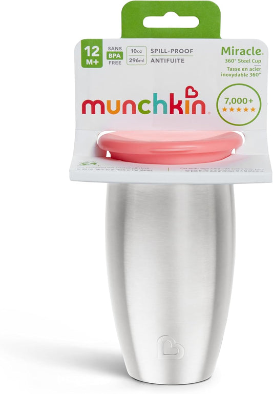 MUNCHKIN Miracle kubek 360 12msc+ 296ml stal nierdzewna, szczelny kubek 360° z izolacją, kolor różowy