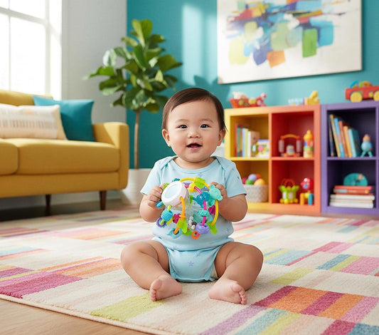 Jucărie de dentiție și de prins cu zornăitoare și oglinjoară PLAYGRO Play and Learn Ball, 14 cm