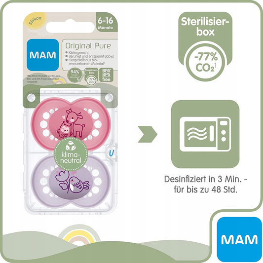 MAM ORIGINAL PURE smoczek uspokajający x2 6-16m z pudełkiem sterylizującym, BPA/BPS free