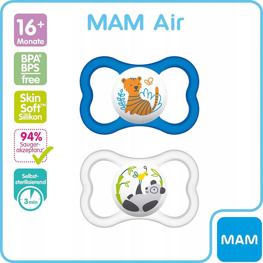 MAM AIR smoczek uspokajający x2 16msc+ silikonowy, BPA/BPS free, self-sterilizujący 3 min, delikatny dla skóry