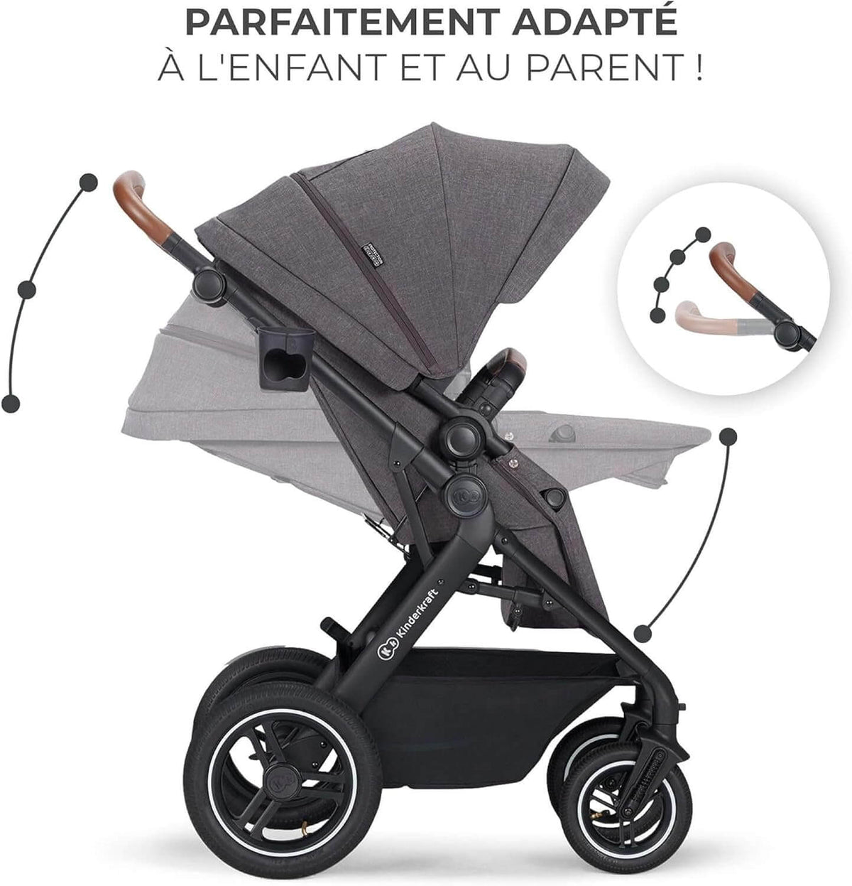 KINDERKRAFT B-TOUR 3w1 wózek wielofunkcyjny do 22kg + fotelik MINK PRO – LIGHT GREY – zdjęcie 4